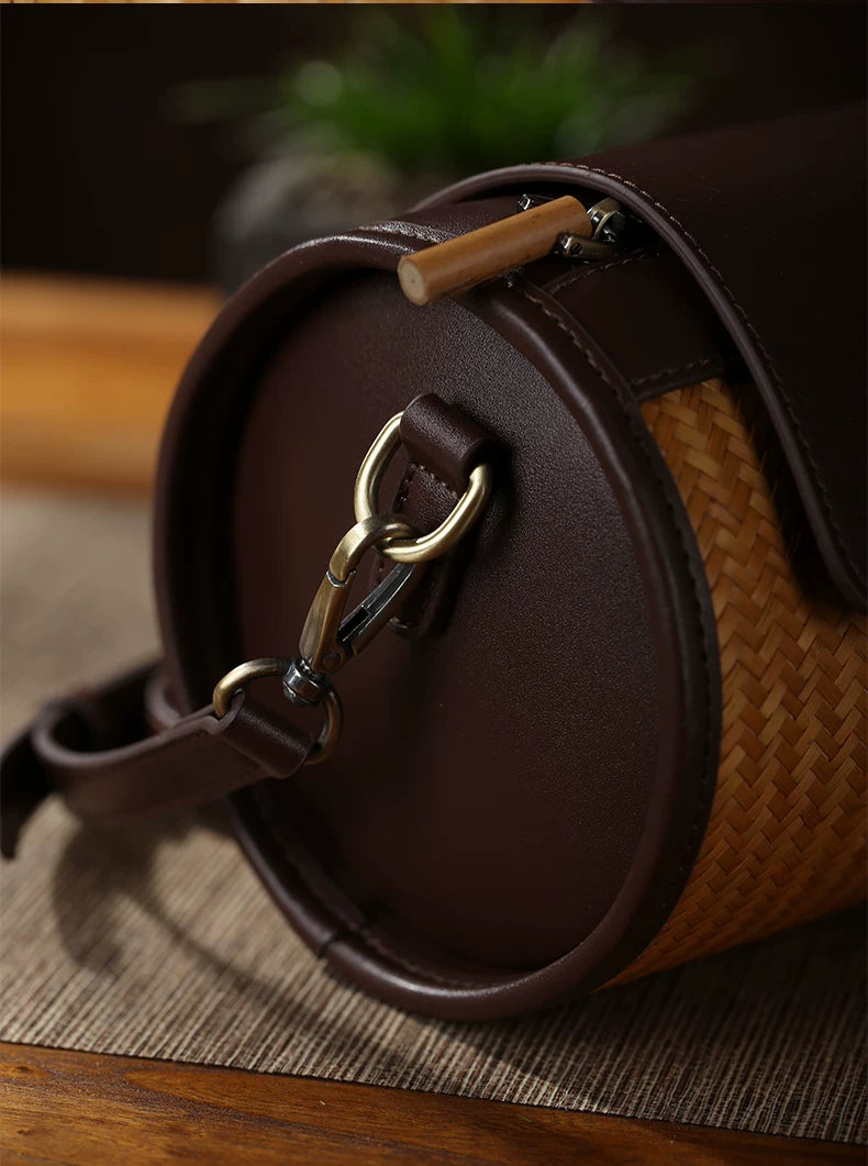 Dark Coffee Brown Cowhide & Bamboo Woven Barrel Crossbody Bag