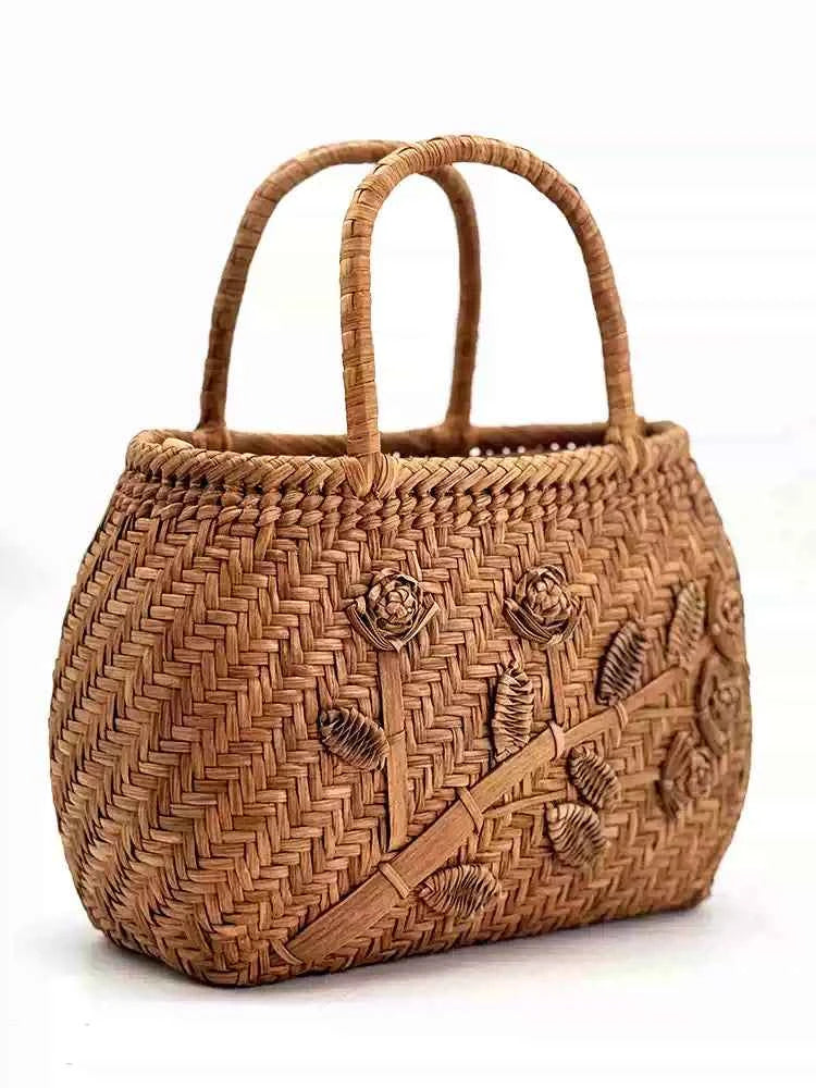 Handcrafted Artisanal Yamabudo Woven Basket Bag - Wild Grapevine 3D Floral Carving Vine Relief Tote
