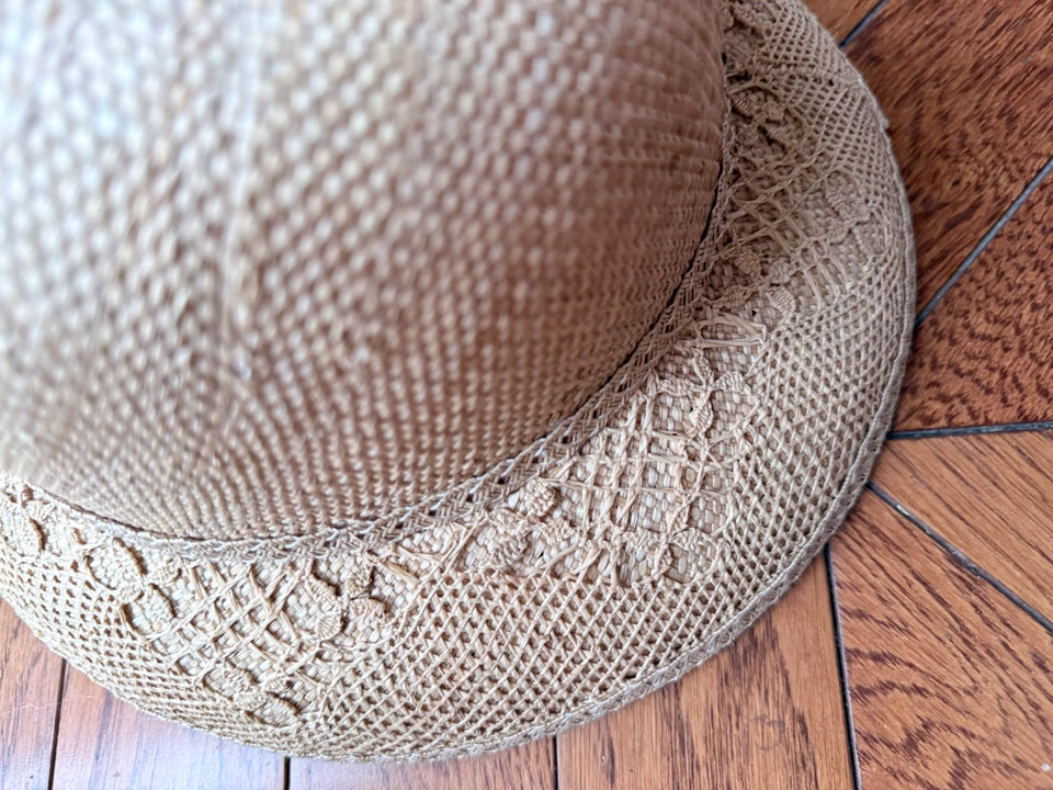 Handwoven Straw Cloche Hat with Crochet Lace Brim  Vintage Audrey Hepburn Sun Hat - Verdant Bind
