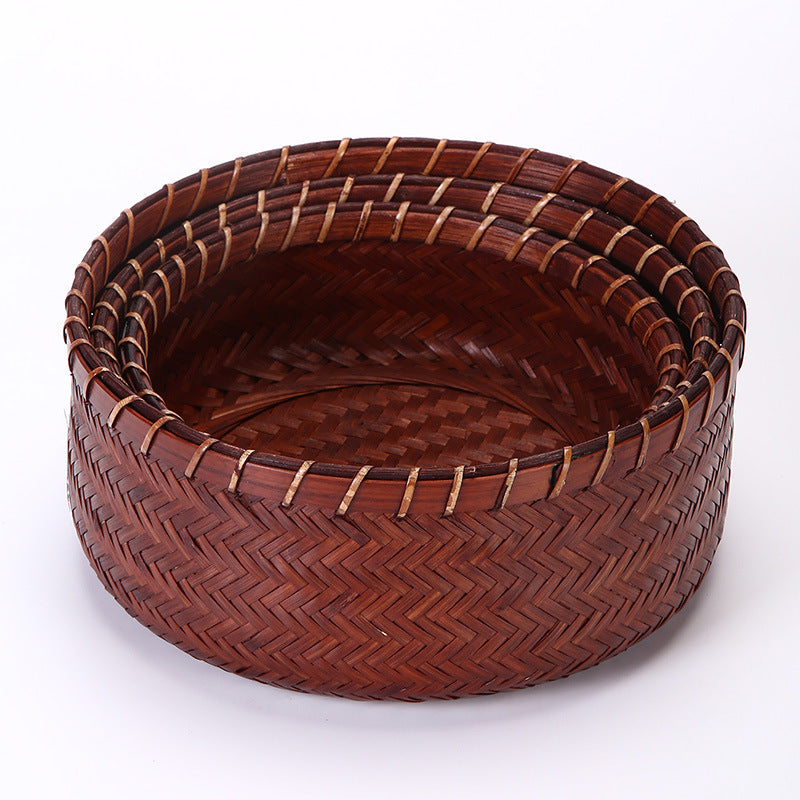 Vintage Round Bamboo Woven Serving Tray Fruit Basket Set
