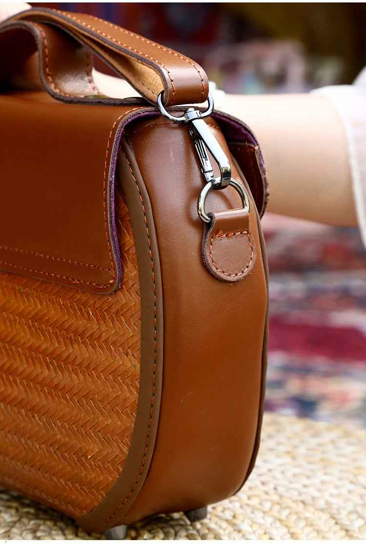 Saddle Bag with Brown Cowhide and Bamboo Weave Handheld