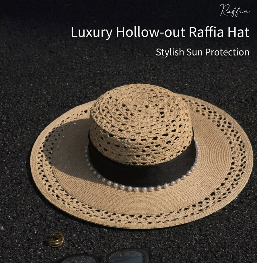 Luxury hollow-out raffia hat with stylish sun protection on a dark surface.