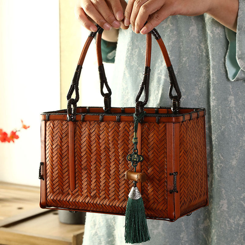 Eco-Weave Artisan Handbag Natural Bamboo Tote with Green Tassel