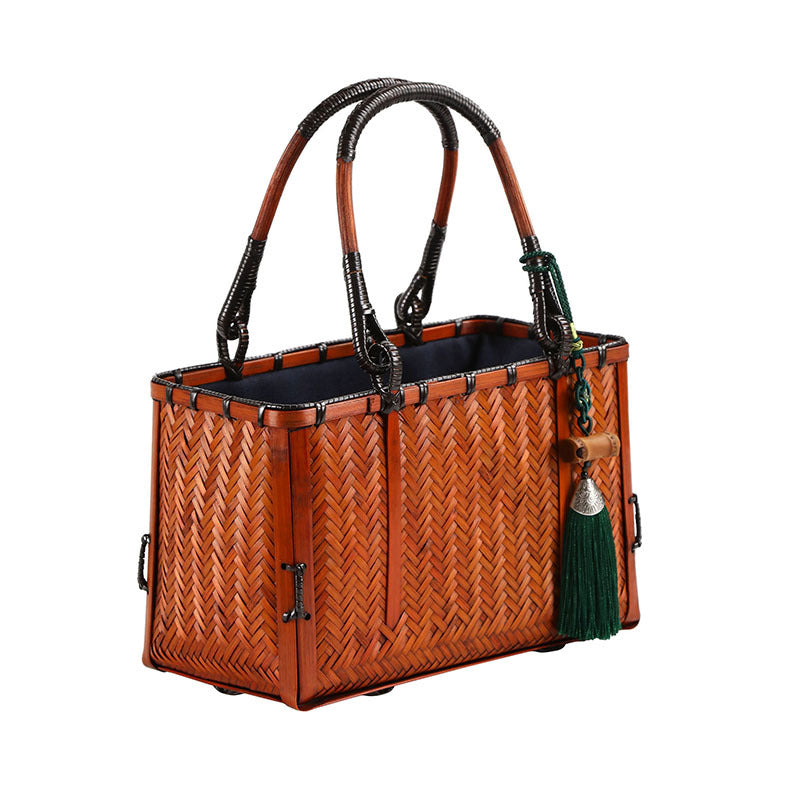 Eco-Weave Artisan Handbag Natural Bamboo Tote with Green Tassel