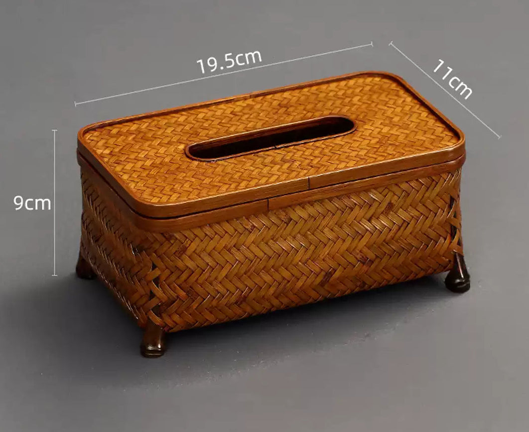 Woven tissue box with dimensions on a gray background