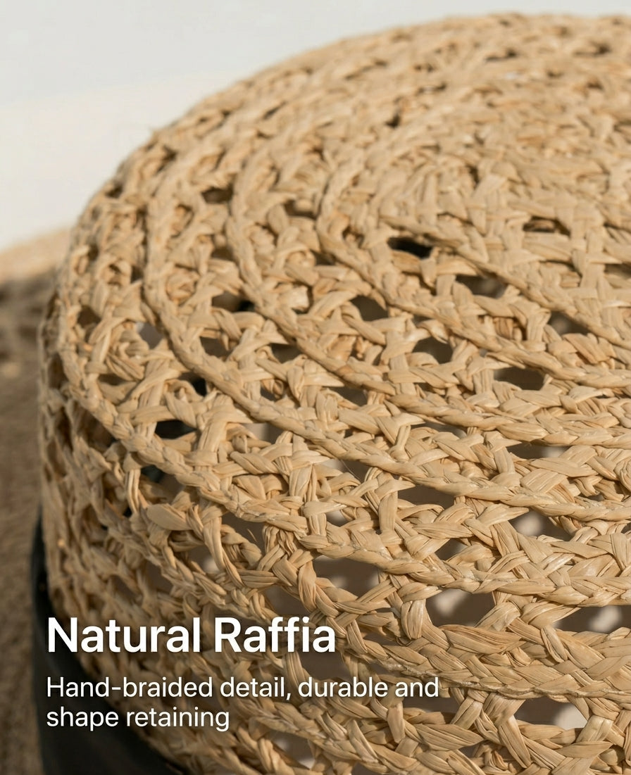 Close-up of a natural raffia product with text highlighting its features.