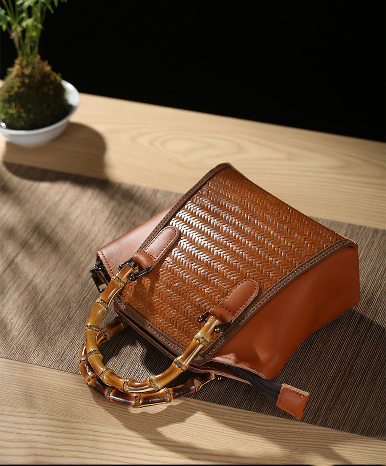 Vintage Bamboo Handwoven Leather Top-Handle Bag