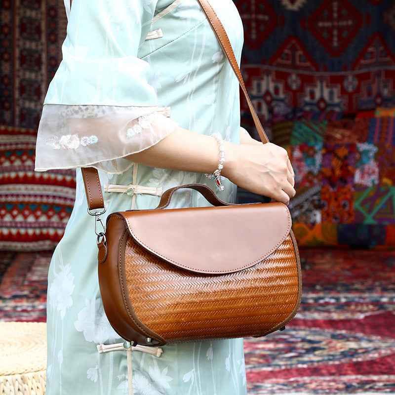 Saddle Bag with Brown Cowhide and Bamboo Weave Handheld