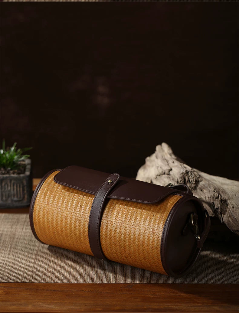 Dark Coffee Brown Cowhide & Bamboo Woven Barrel Crossbody Bag