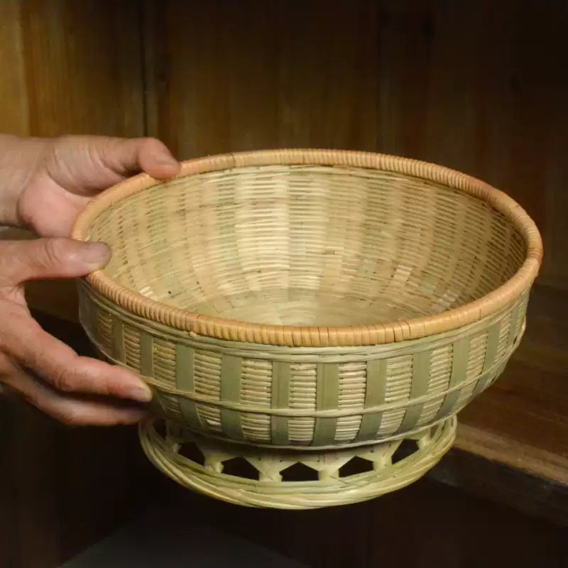 Handwoven Bamboo Fruit Bowl with Pedestal | Elevated Decorative Storage Basket - Verdant Bind