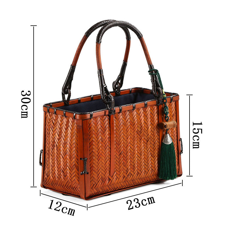 Eco-Weave Artisan Handbag Natural Bamboo Tote with Green Tassel