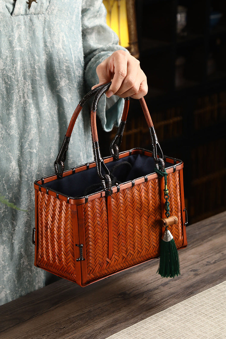 Eco-Weave Artisan Handbag Natural Bamboo Tote with Green Tassel