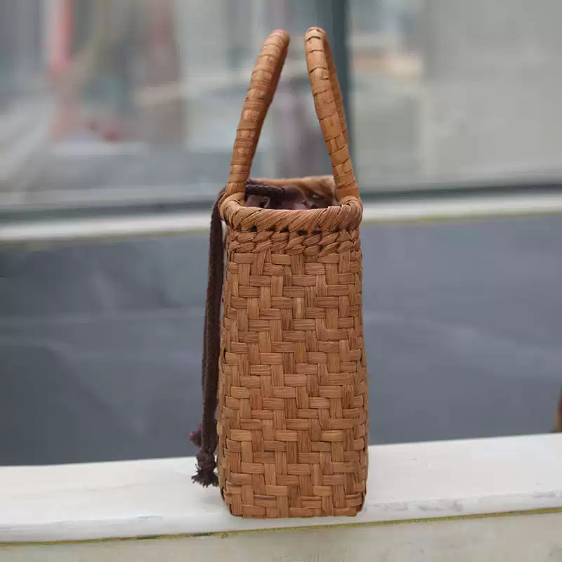 Handcrafted Wild Grapevine Straw Beach Tote  Vintage Woven Market Basket Bag with Drawstring Liner - Verdant Bind