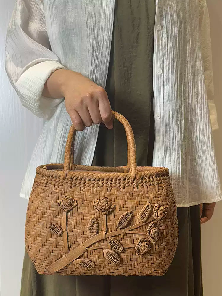 Handcrafted Artisanal Yamabudo Woven Basket Bag - Wild Grapevine 3D Floral Carving Vine Relief Tote - Verdant Bind