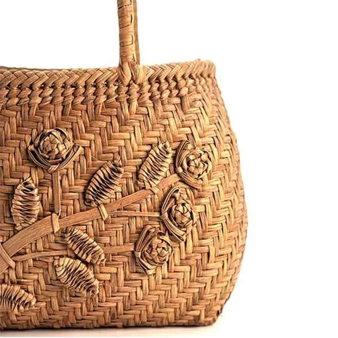 Handcrafted Artisanal Yamabudo Woven Basket Bag - Wild Grapevine 3D Floral Carving Vine Relief Tote