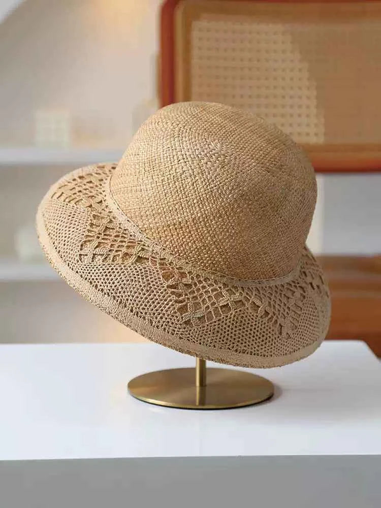Handwoven Straw Cloche Hat with Crochet Lace Brim  Vintage Audrey Hepburn Sun Hat