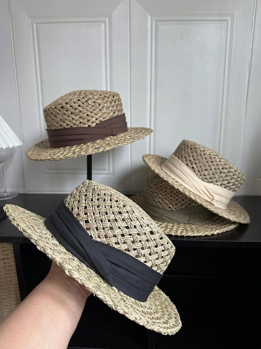 Handwoven Open-Weave Straw Fedora Hat - Breathable Summer Panama Sun Hat