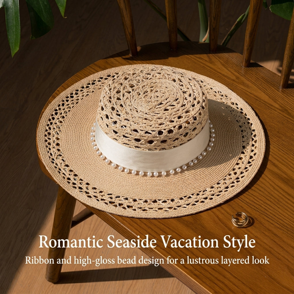 Handwoven Raffia Boater Hat with Pearl Ribbon  Elegant Wide Brim Sun Hat