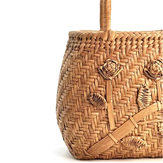 Handcrafted Artisanal Yamabudo Woven Basket Bag - Wild Grapevine 3D Floral Carving Vine Relief Tote - Verdant Bind
