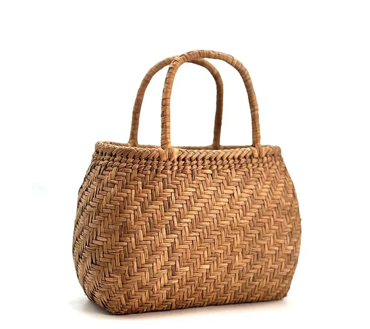 Handcrafted Artisanal Yamabudo Woven Basket Bag - Wild Grapevine 3D Floral Carving Vine Relief Tote - Verdant Bind