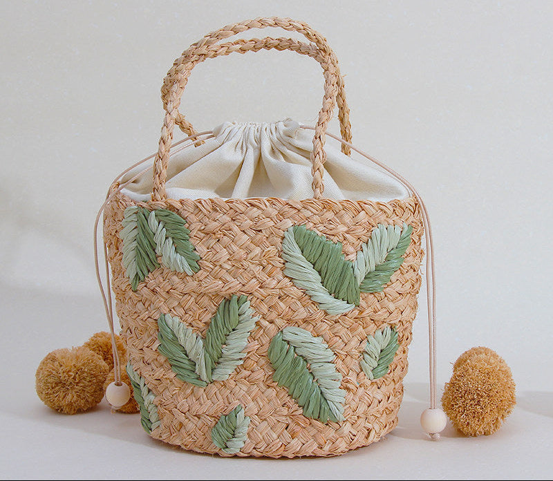 Handcrafted Raffia Bucket Bag Woven Leaf Pattern Drawstring Tote