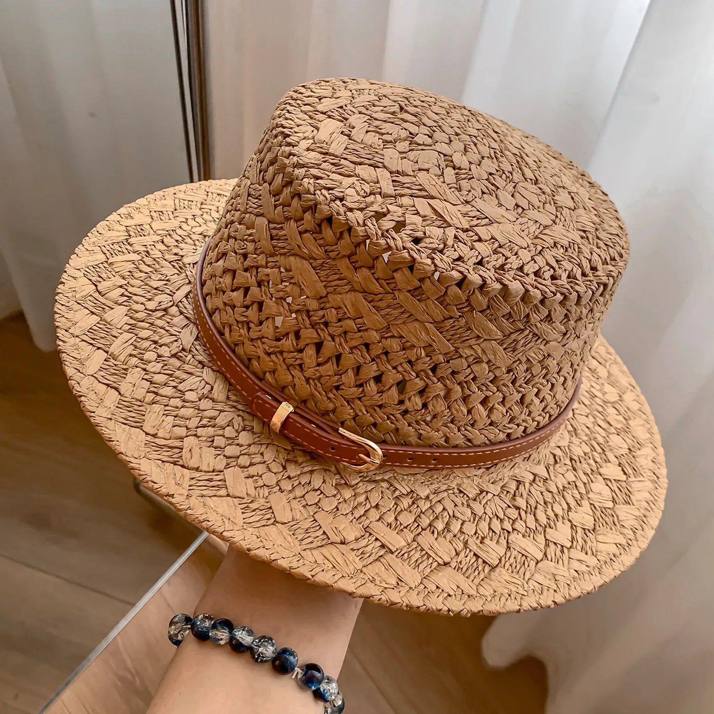 French Vintage Natural Seagrass Straw Hat with Leather Buckle Wide Brim Sun Protection for Women