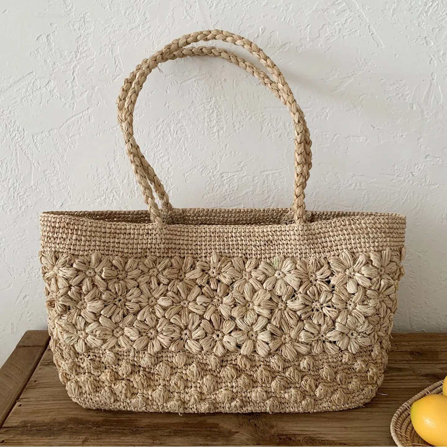 Handcrafted Floral Motif Raffia Tote Bag - Luxury Straw Shoulder Purse & Summer Crochet Satchel - Verdant Bind
