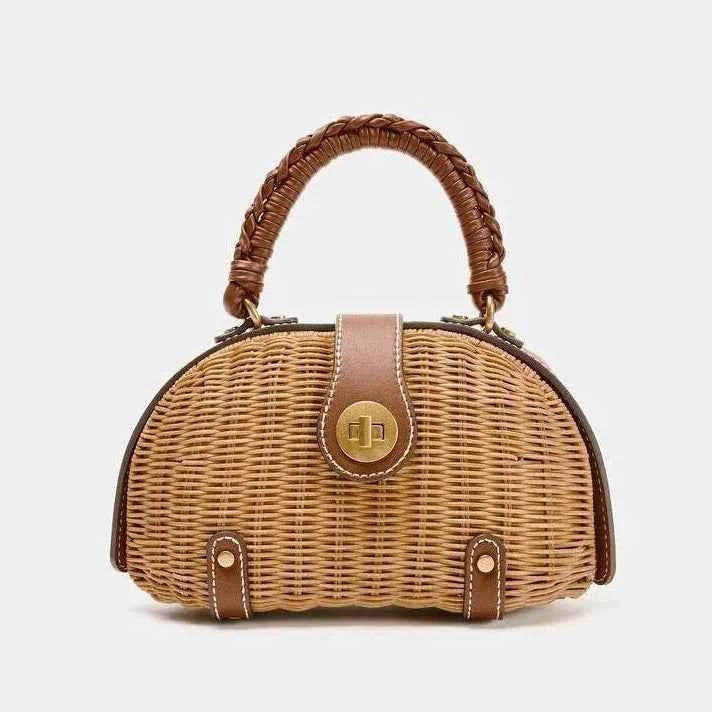 Handcrafted French Vintage Rattan Shell Crossbody Bag - Structured Wicker Basket Purse with Leather Strap & Turnlock