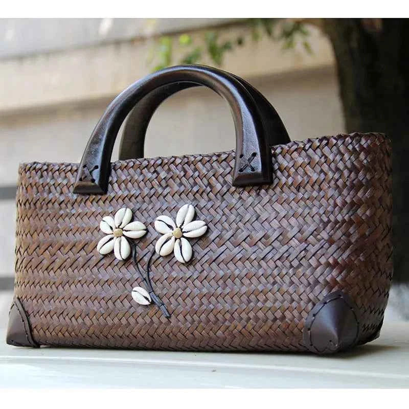 Handcrafted Floral Straw Tote Bag Vintage Rattan Basket Purse French Holiday Handbag