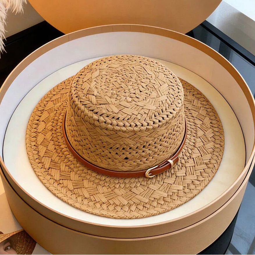 French Vintage Natural Seagrass Straw Hat with Leather Buckle Wide Brim Sun Protection for Women - Verdant Bind