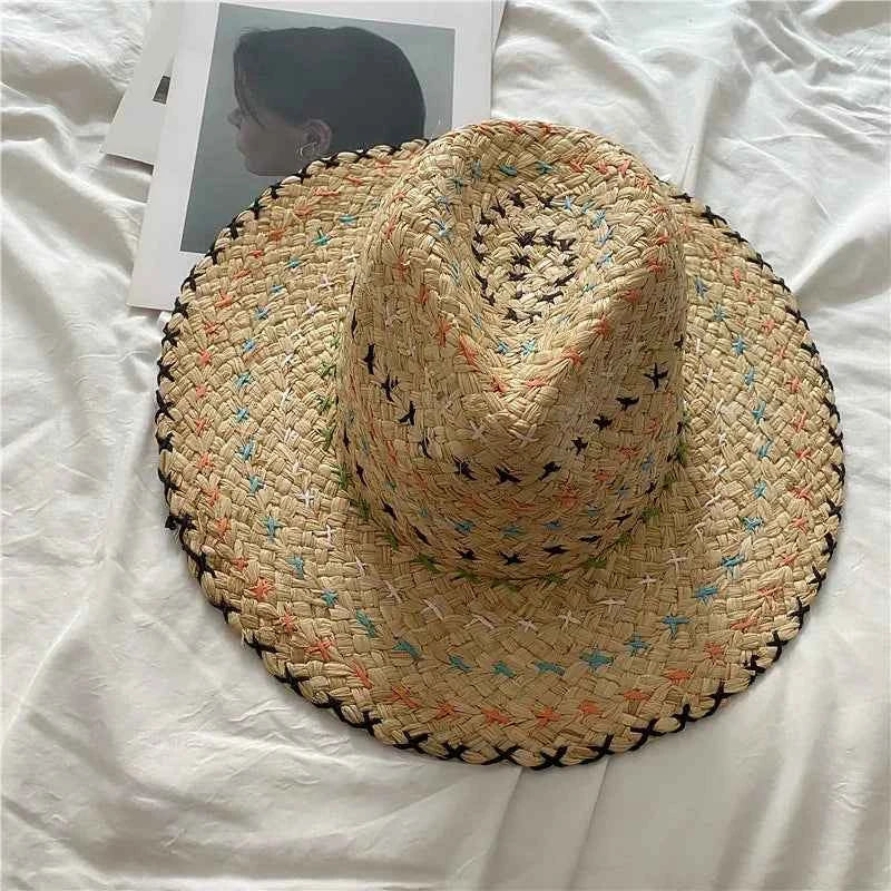 Handcrafted Natural Raffia Fedora Sun Hat | Colorful Cross-Stitch Embroidery Beach Cap & Adjustable Boho Panama Hat
