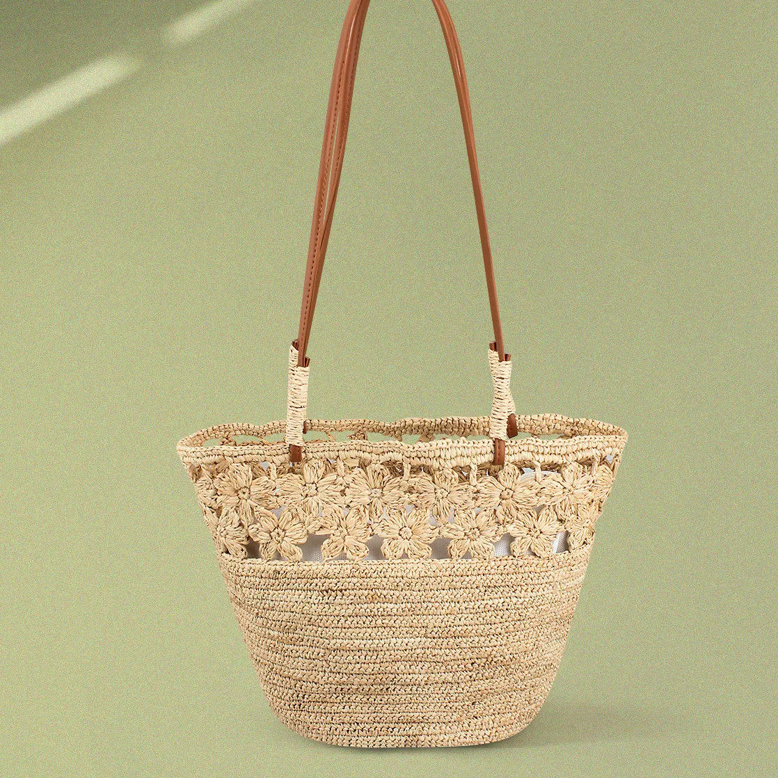 The Riviera Handwoven Floral Raffia Bucket Tote Bag