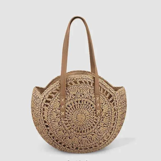 Handcrafted Large Round Straw Tote Bag Summer Beach Vacation Shoulder Purse