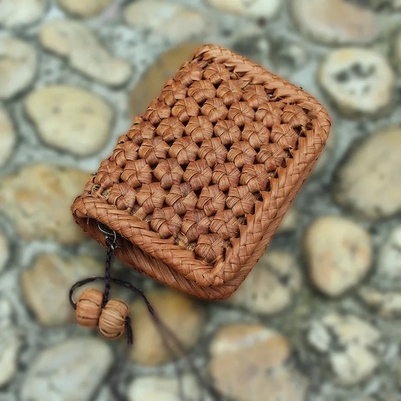 Handcrafted Wild Grapevine Woven Mini Wallet | Zippered Multi-Layer Credit Card Case & Coin Purse with Natural Vine Charm
