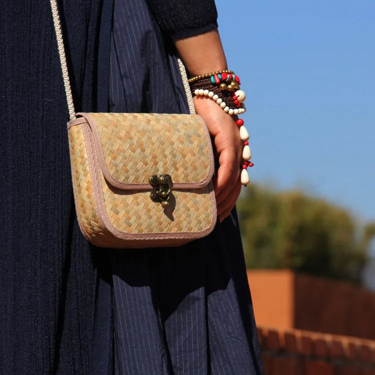 Handcrafted Mini Bamboo Weave Crossbody Bag Vintage Saddle Purse with Lock Closure