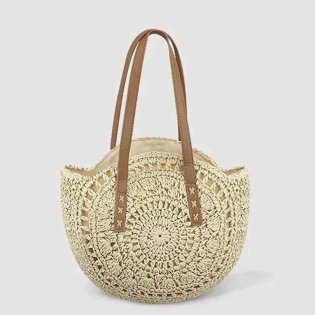 Handcrafted Large Round Straw Tote Bag Summer Beach Vacation Shoulder Purse