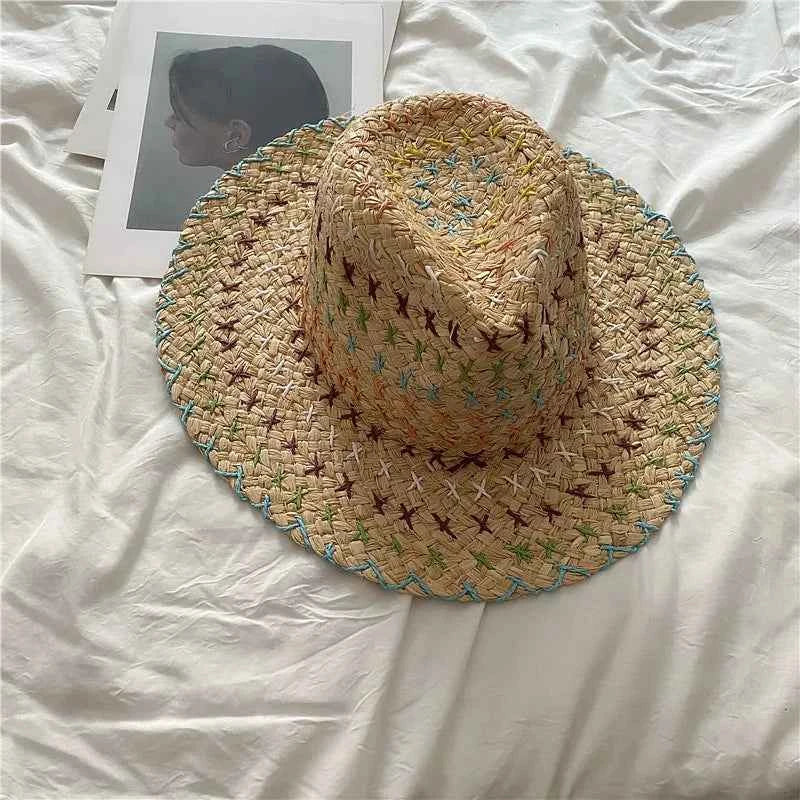 Handcrafted Natural Raffia Fedora Sun Hat | Colorful Cross-Stitch Embroidery Beach Cap & Adjustable Boho Panama Hat