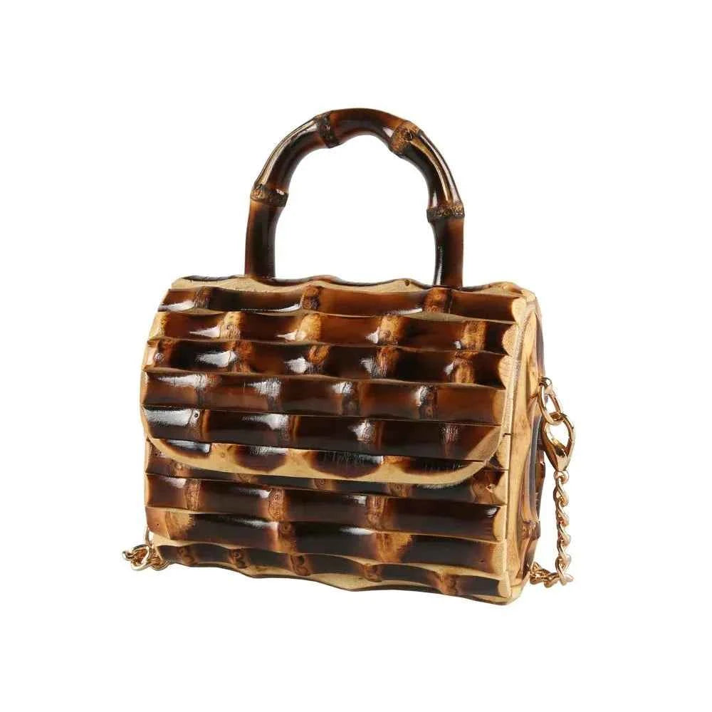 Handcrafted Natural Bamboo Root Mini Box Bag | Vintage Top-Handle & Crossbody Chain Purse