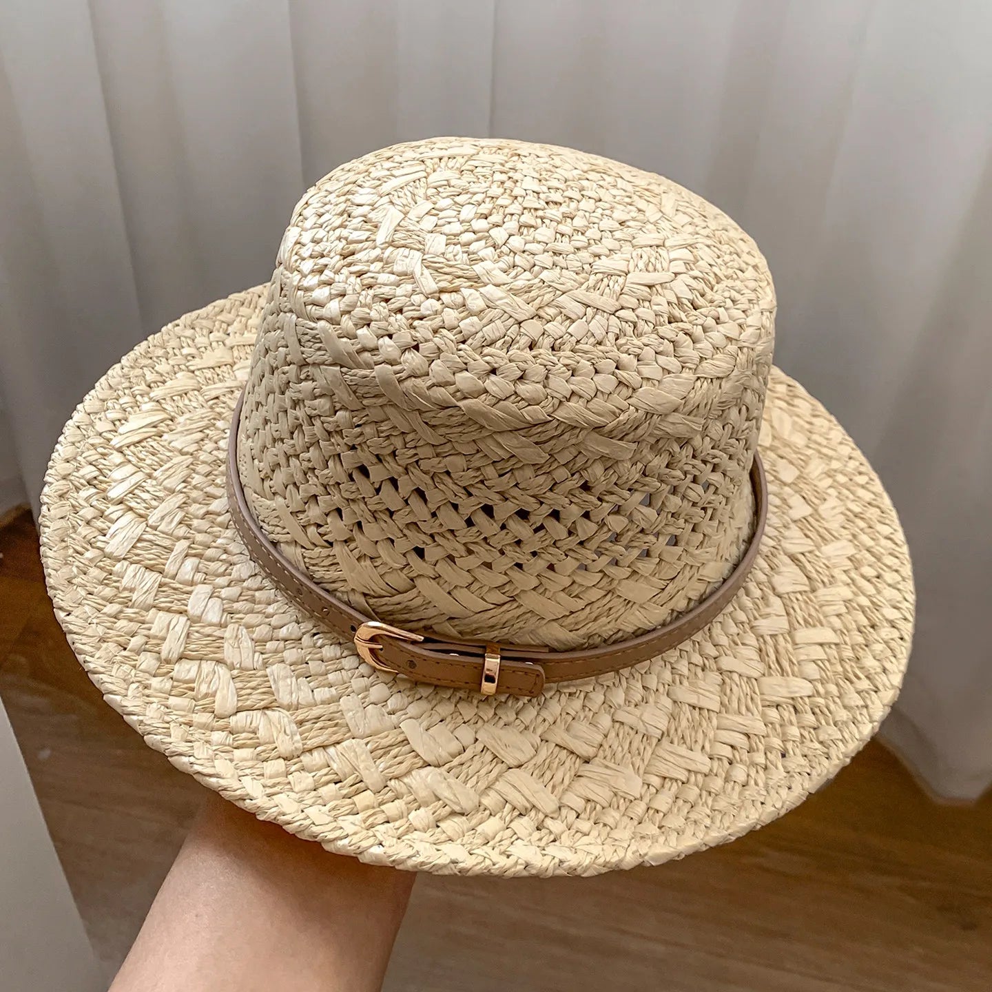 French Vintage Natural Seagrass Straw Hat with Leather Buckle Wide Brim Sun Protection for Women