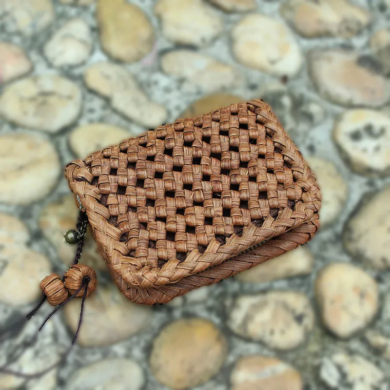 Handcrafted Wild Grapevine Woven Mini Wallet | Zippered Multi-Layer Credit Card Case & Coin Purse with Natural Vine Charm