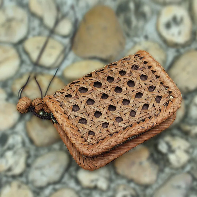 Handcrafted Wild Grapevine Woven Mini Wallet | Zippered Multi-Layer Credit Card Case & Coin Purse with Natural Vine Charm