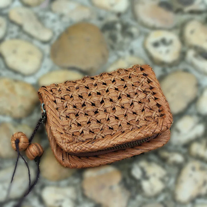 Handcrafted Wild Grapevine Woven Mini Wallet | Zippered Multi-Layer Credit Card Case & Coin Purse with Natural Vine Charm