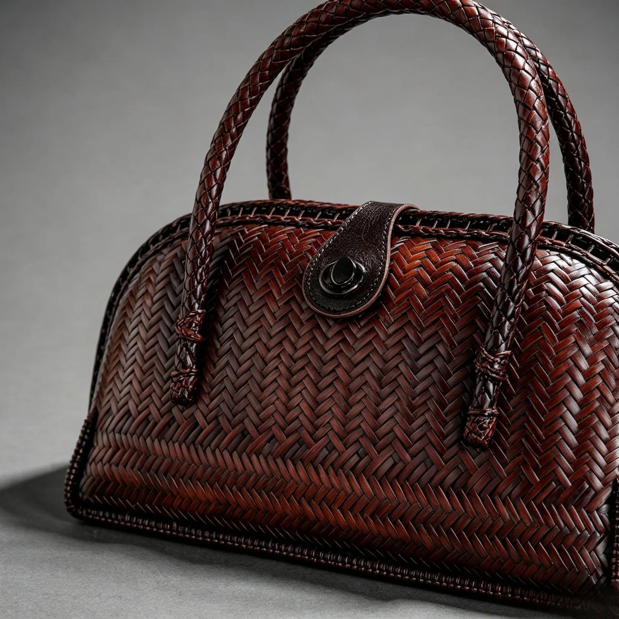 Handwoven Bamboo Half Moon Top Handle Bag - Vintage Woven Purse