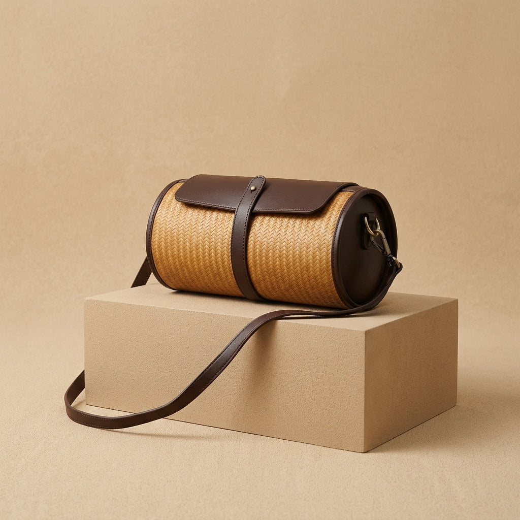 Dark Coffee Brown Cowhide & Bamboo Woven Barrel Crossbody Bag