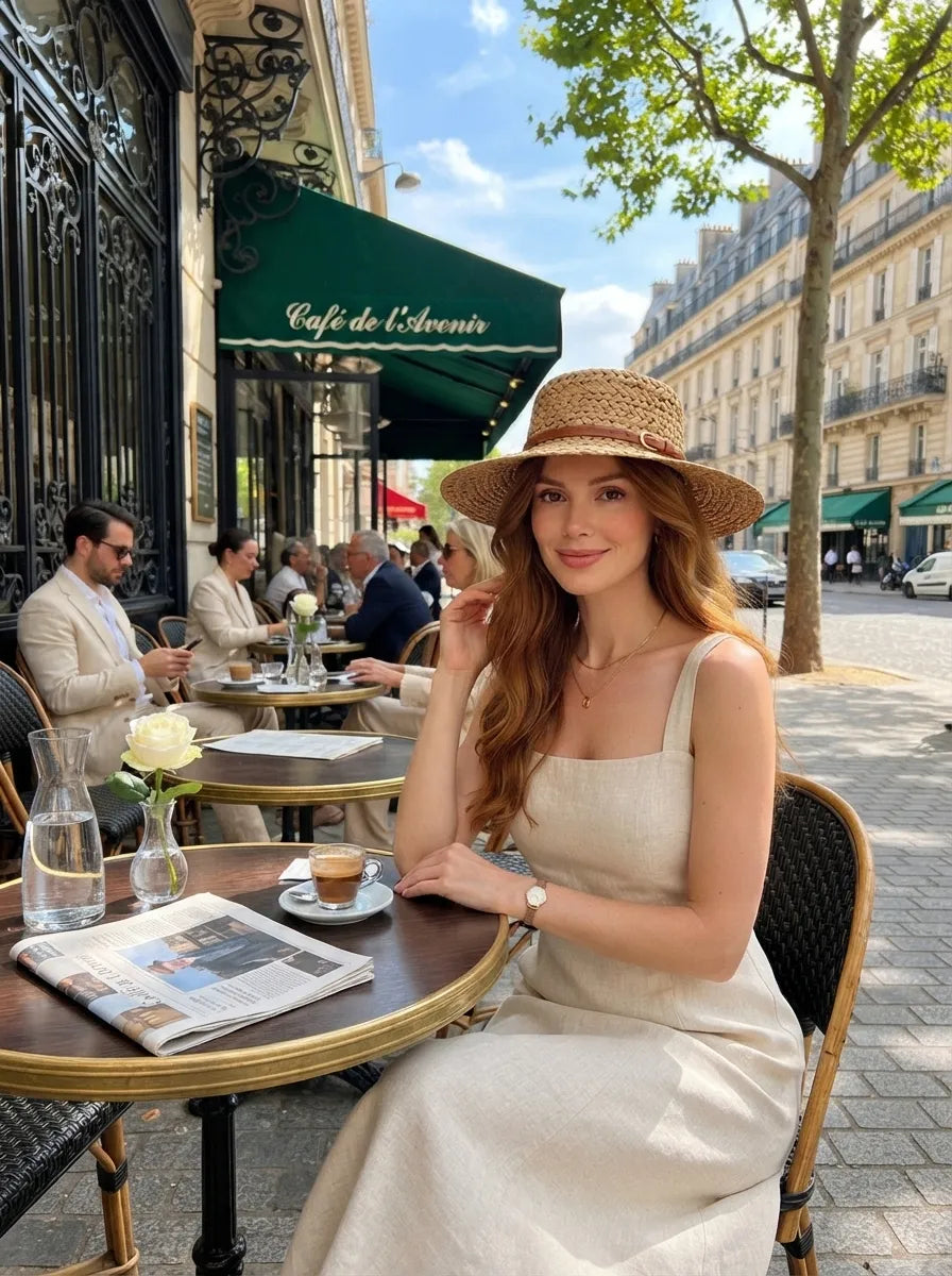 French Vintage Natural Seagrass Straw Hat with Leather Buckle Wide Brim Sun Protection for Women - Verdant Bind