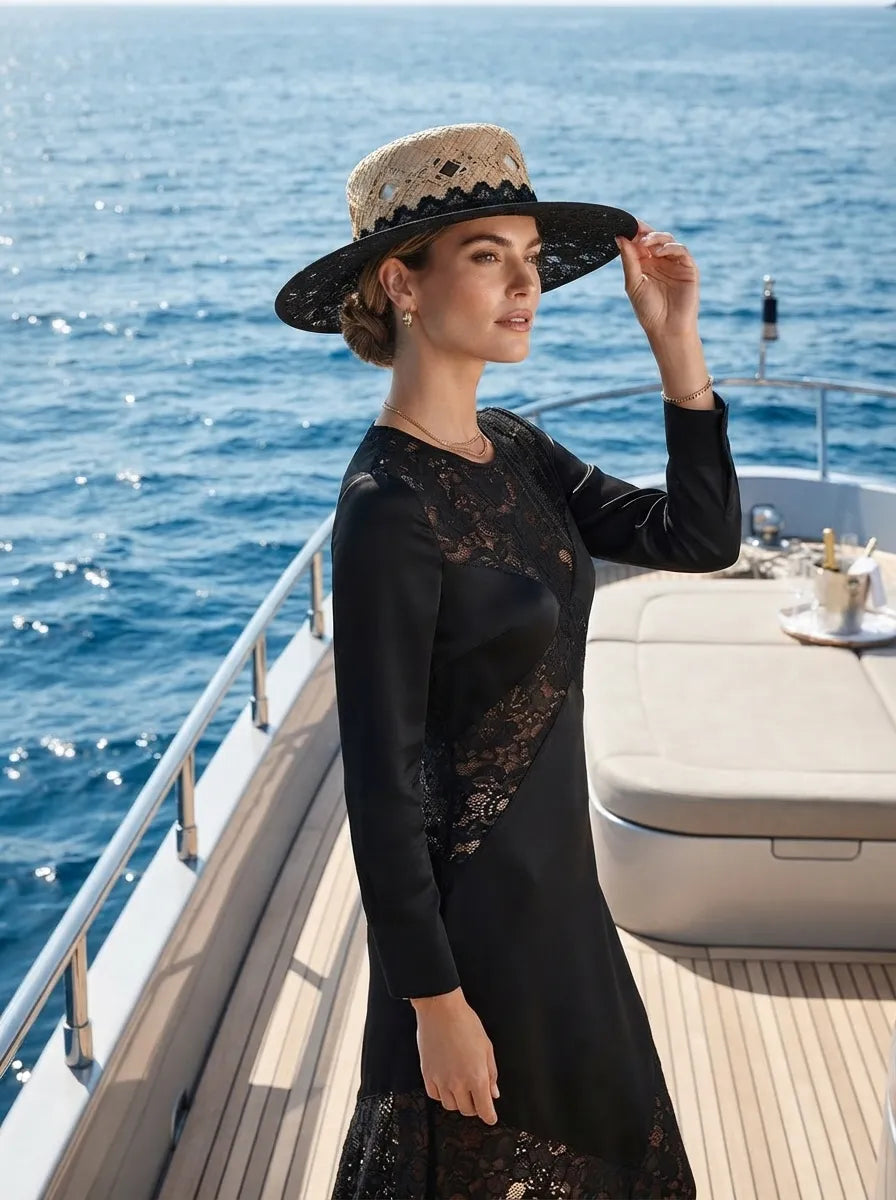 French Elegant Lace Raffia Straw Boater Hat with Wide Brim Sun Protection for Women - Verdant Bind