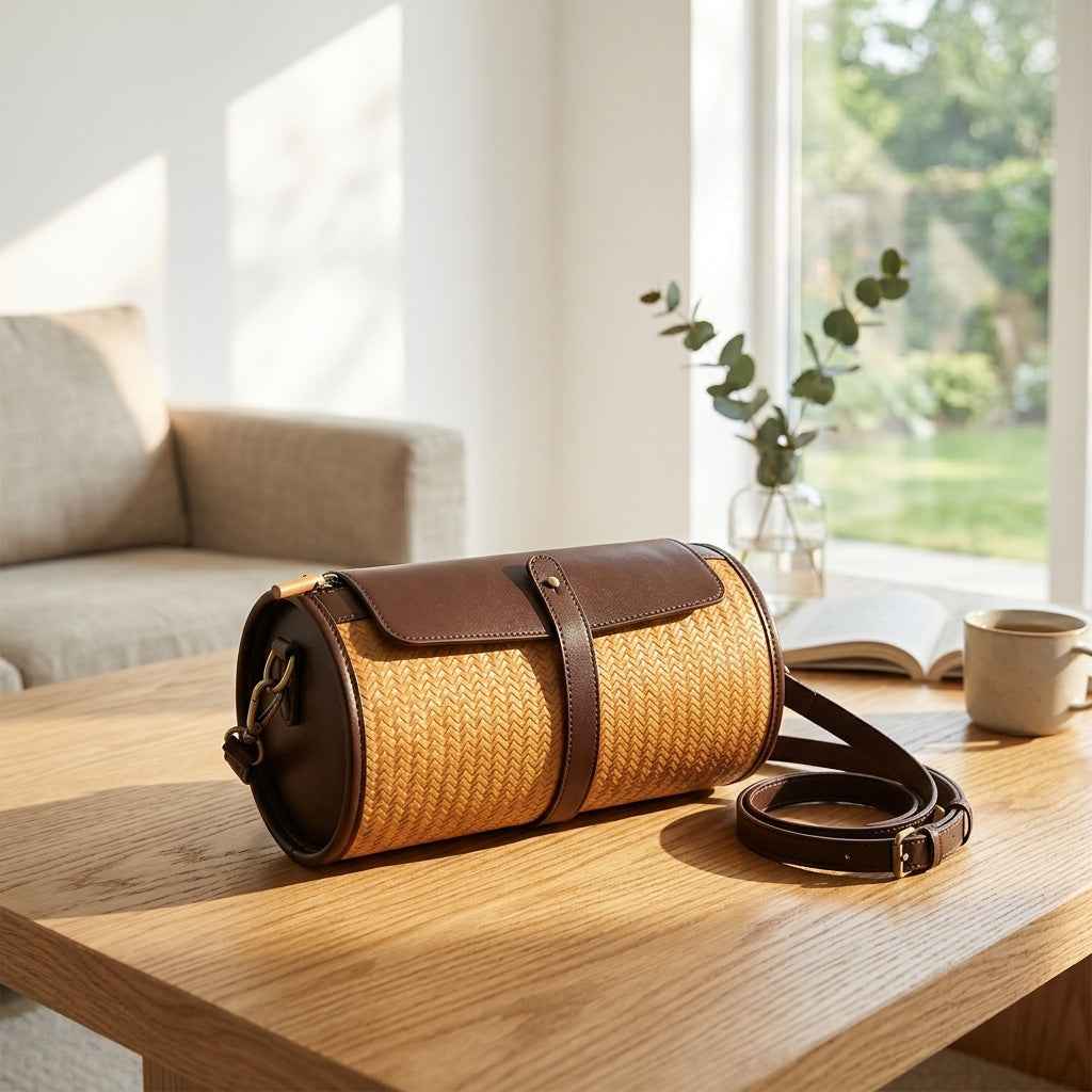 Dark Coffee Brown Cowhide & Bamboo Woven Barrel Crossbody Bag