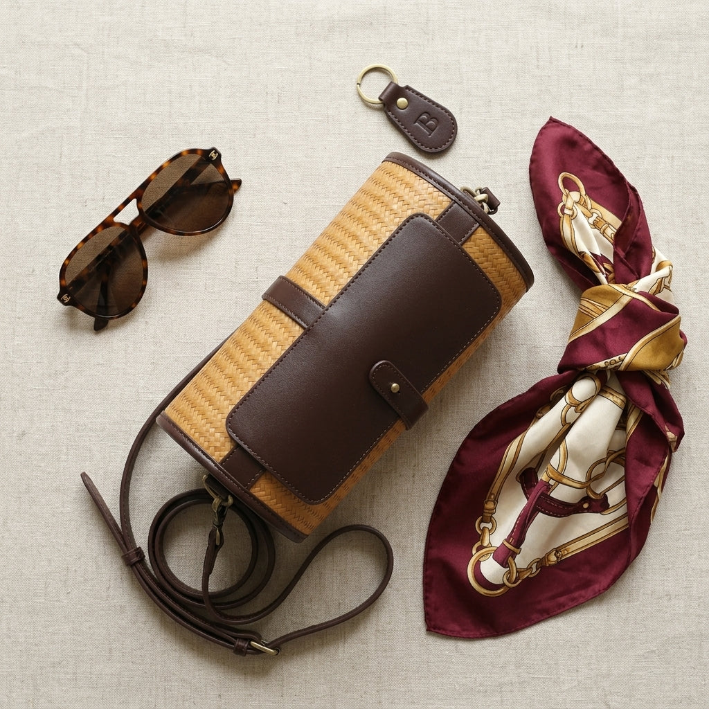 Dark Coffee Brown Cowhide & Bamboo Woven Barrel Crossbody Bag