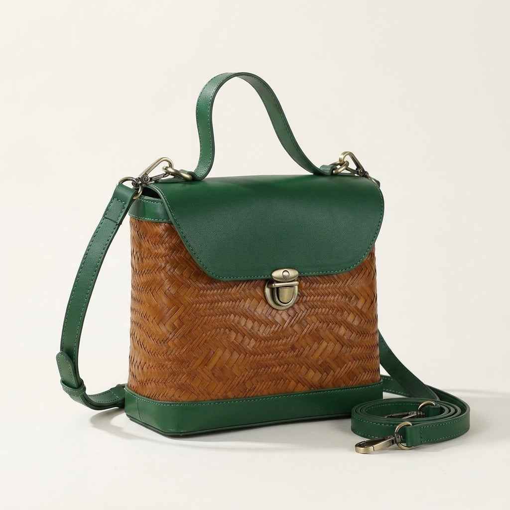 Forest Green Cowhide & Wave Woven Bamboo Satchel Bag
