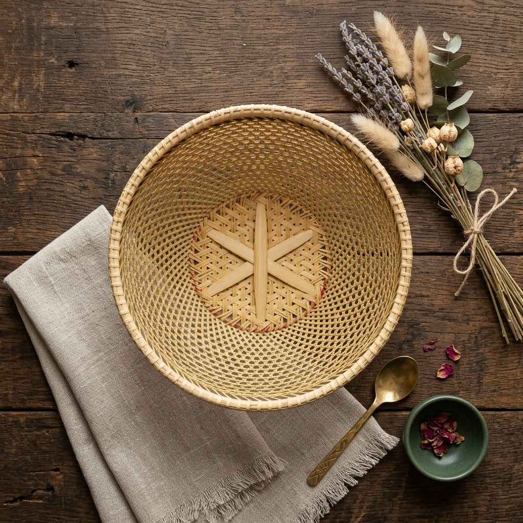 Handwoven Bamboo Fruit Bowl & Hexagonal Open-Weave Decorative